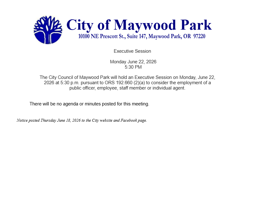 Notice of City Council Executive Session Monday, June 22, 2026 5:30 pm