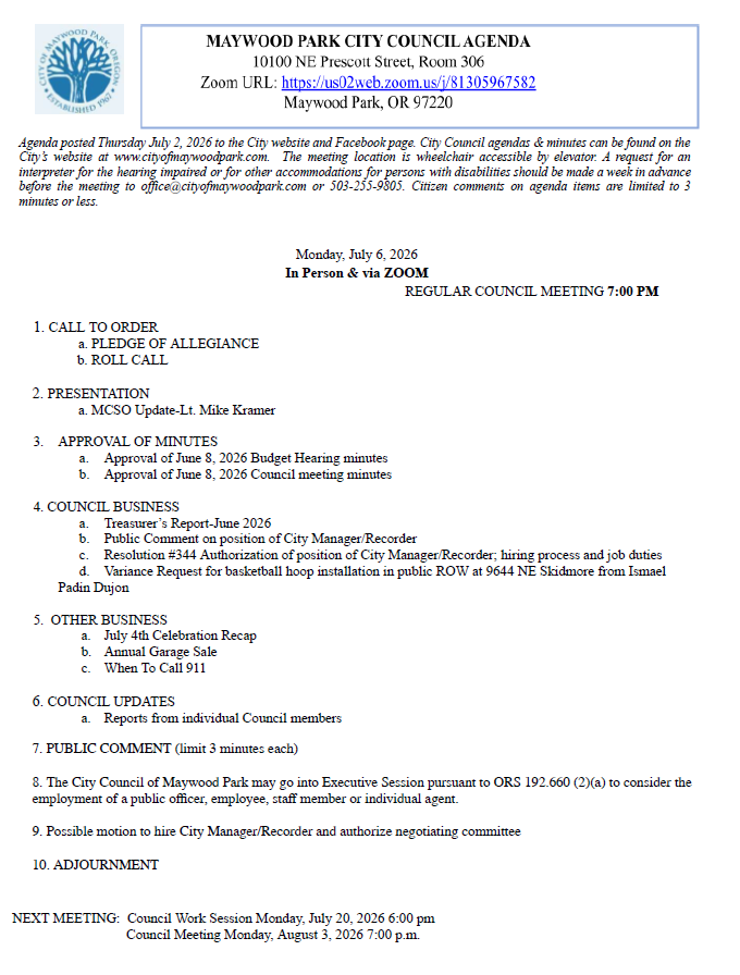 Agenda for City Council Meeting Monday, July 6, 2026 7:00 pm
