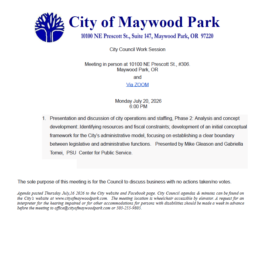 Agenda for City Council Work Session Monday, July 20, 2026 6:00 pm