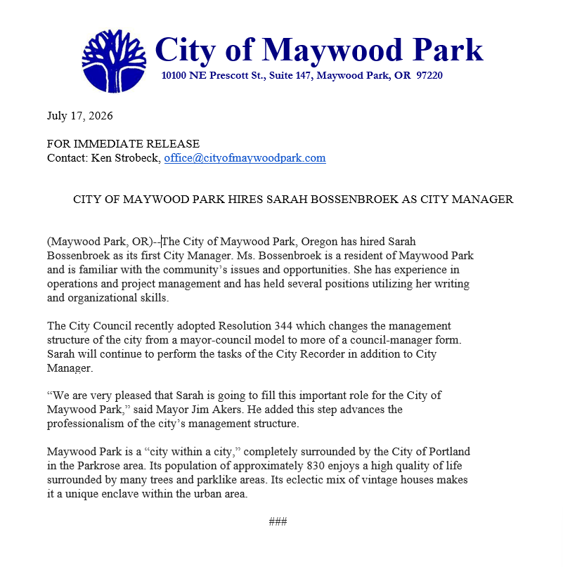 Maywood Park City Manager Announcement