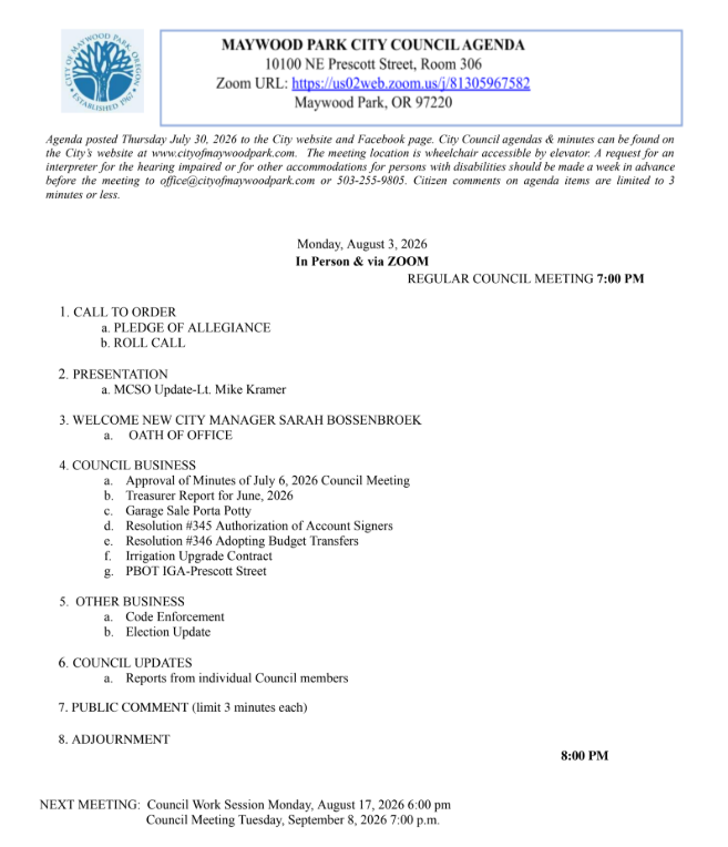 Agenda for City Council Meeting Monday, August 3, 2026 7:00 pm