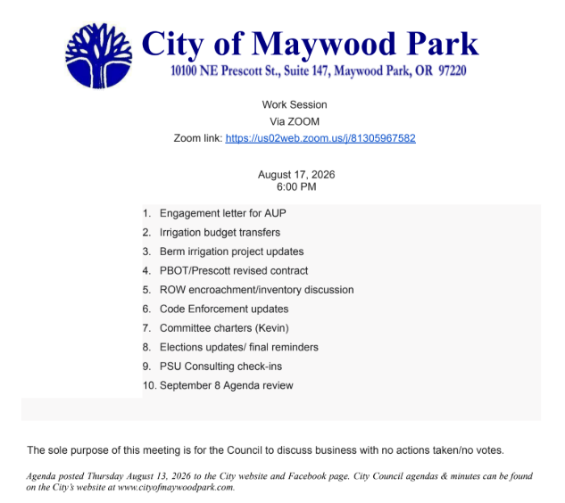 Agenda for City Council Work Session Monday, August 17, 2026 6:00 pm 