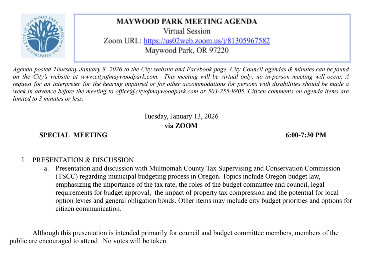 Agenda for Special Budget Committee Training. Tuesday, January 13, 2026 6:00 pm