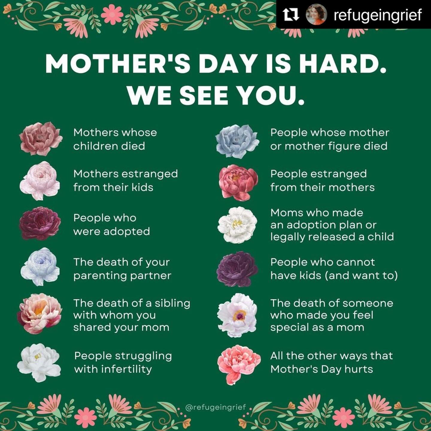 Here in the US (and many other countries around the world), Mother's Day is upon us. We're thinking of all the people for whom this weekend is particularly difficult. The second Sunday in May (and all of the advertising &amp; social media activity ar