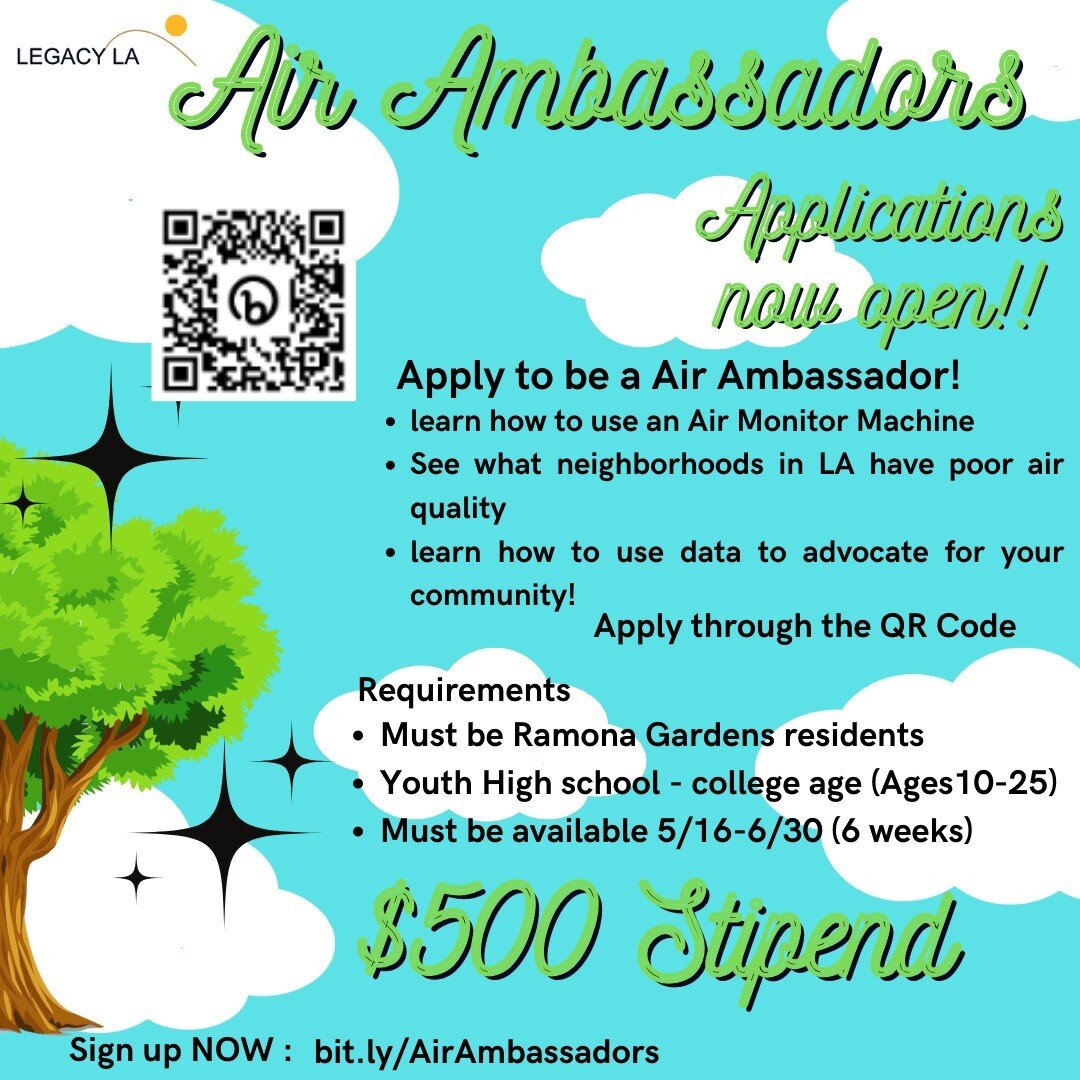 Hey Everyone!! 😄

We have a new Environmental Justice Opportunity for Ramona Gardens Youth! Ages 10-25!!

Do you want to make a difference in your community? do you want to learn how to use Air Monitor Machines and get paid for your commitment? 

Ap