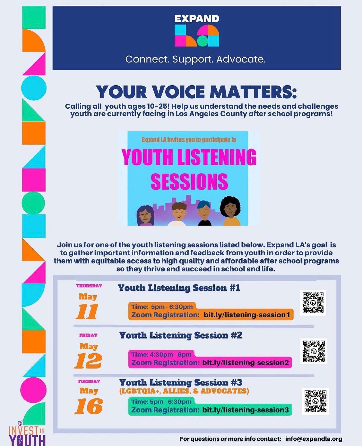 Are you a youth in Los Angeles that wants to improve after school programming? 📢⚽️📚🎭🎨
Join Invest in youth and expand la&rsquo;s YOUTH listening session! $10 gift cards to the 1st 10 rsvps 🥺