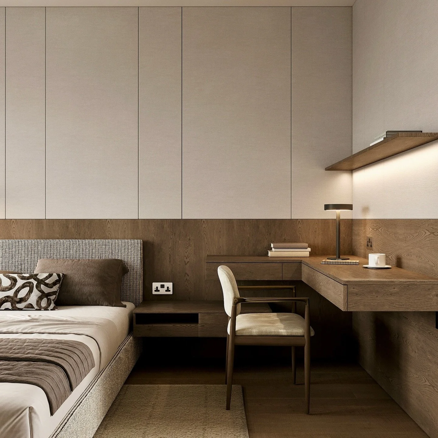 Sharing some glimpses of our latest residential project in Chicago. 
This bedroom was designed for a future doctor, so the requirements were clear: natural materials, calm colors, and a focused atmosphere for studying.
What do you think of this setup