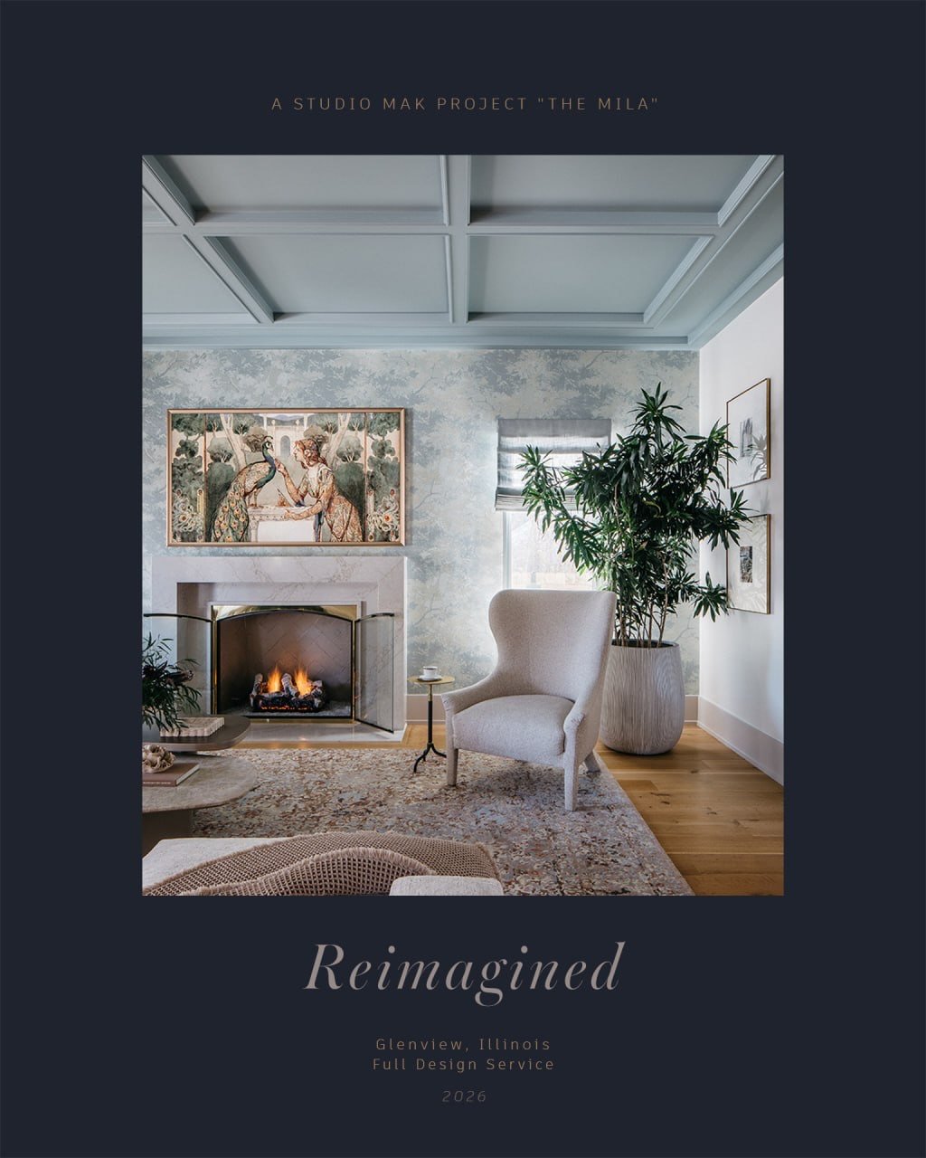 We took the room from quiet-in-the-wrong-way to a place you&rsquo;d actually want to spend a Sunday in. Dusty blue ceiling, soft landscape wallpaper, marble fireplace, a wing chair we&rsquo;d fight you for.
Part of The Mila &mdash; full home in Glenv