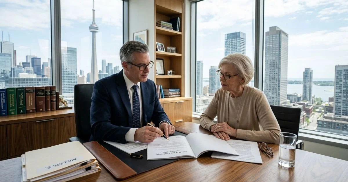 Ontario estate lawyer reviewing a will with a client in Toronto