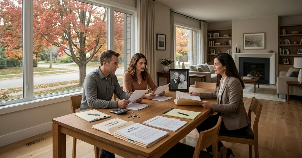 Ontario family reviewing probate documents with a lawyer at home