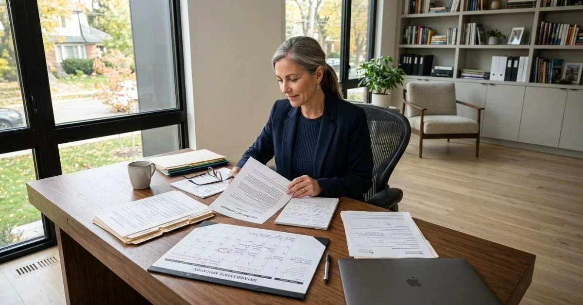 Ontario estate trustee reviewing paperwork at a desk
