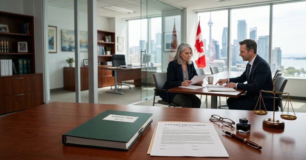 Two lawyers meeting in an office with a Toronto city view