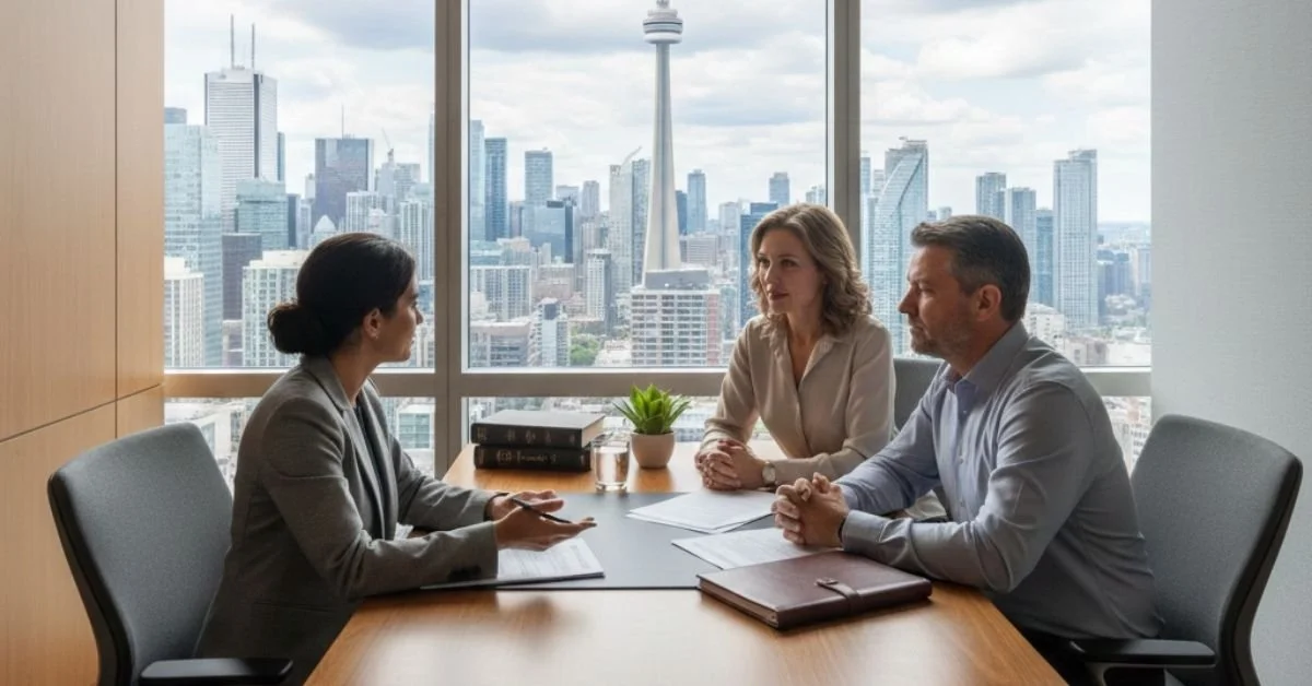 Estate lawyer meeting a couple in a Toronto office