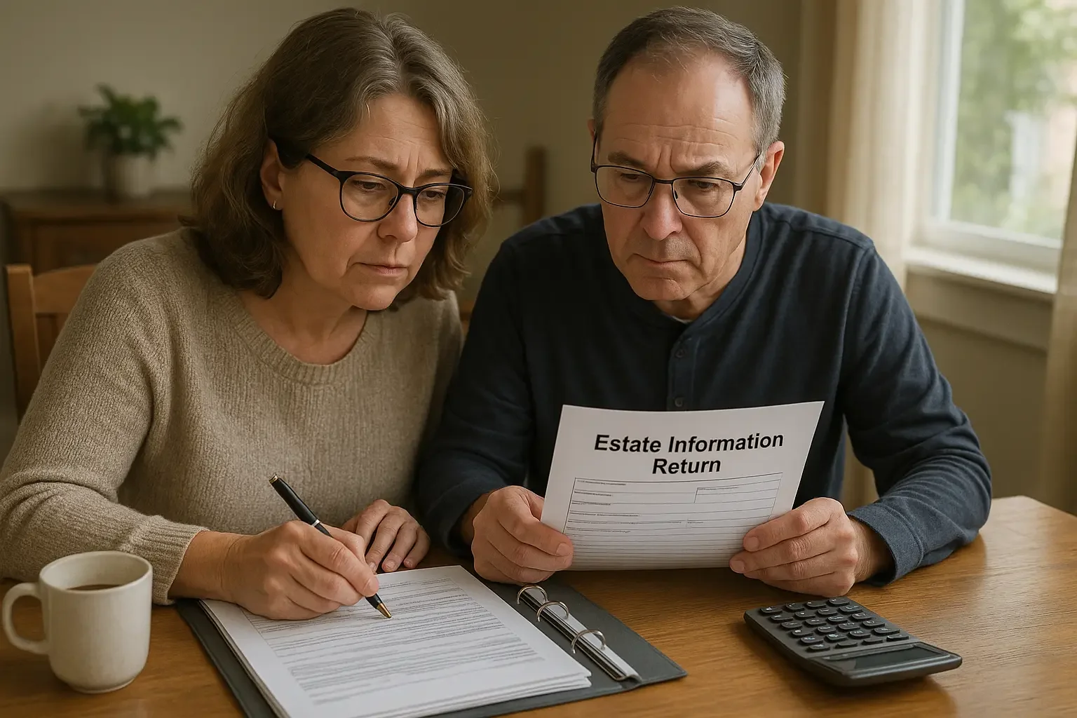 Couple reviewing and filling out Ontario Estate Information Return form