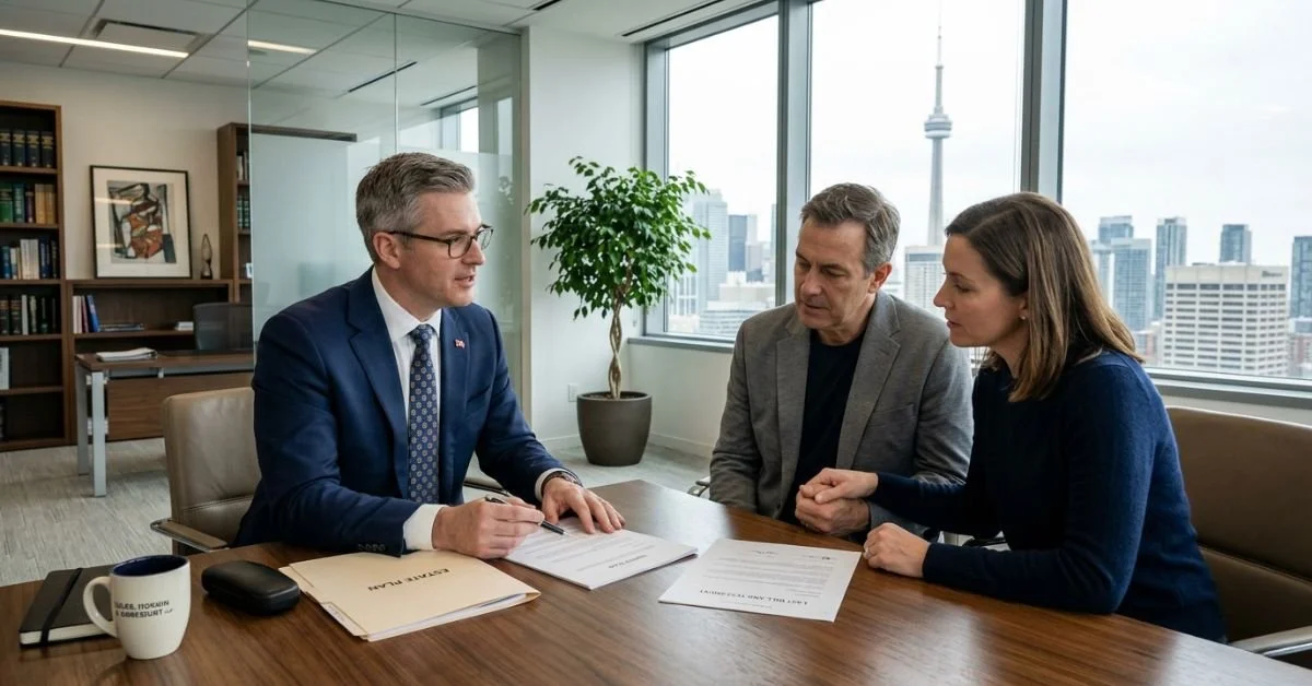 Lawyer meeting with a couple to discuss estate planning documents