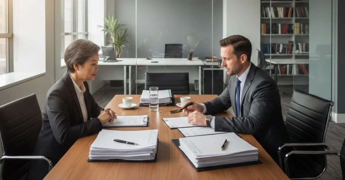 Estate lawyer reviewing estate documents with client in office