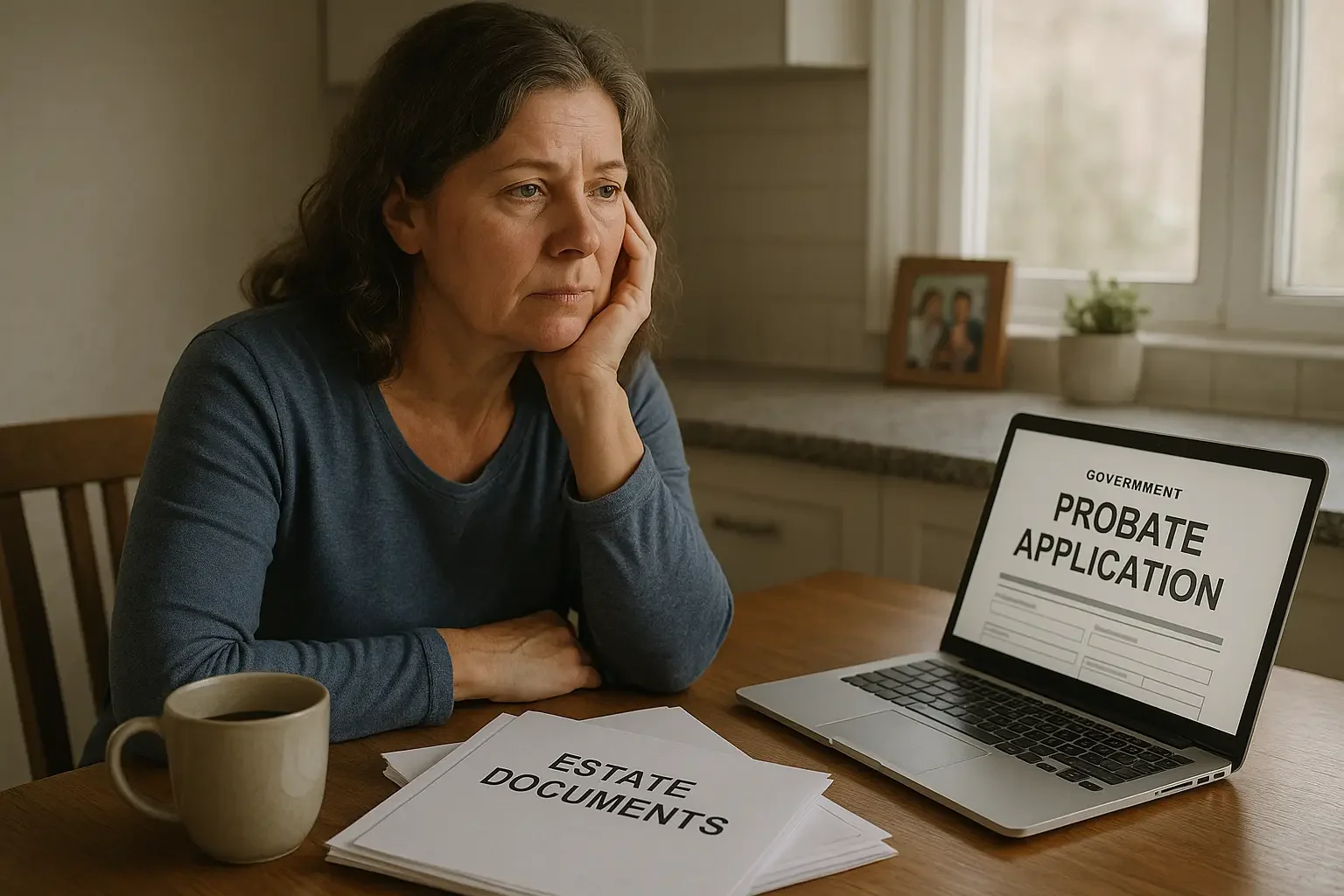 A woman at a table with a laptop and an estate application