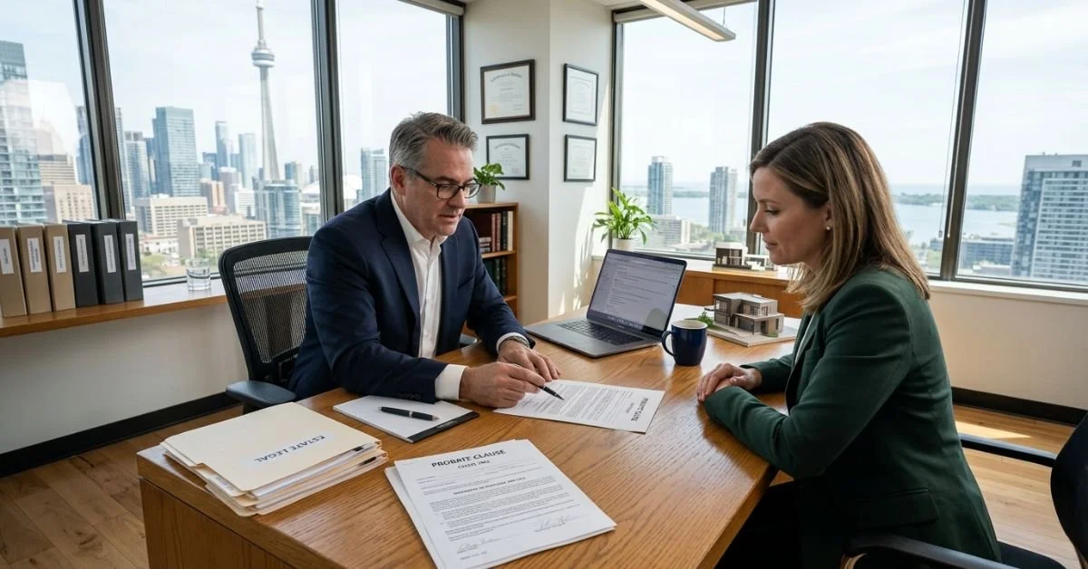 Lawyer explaining probate clause documents to client