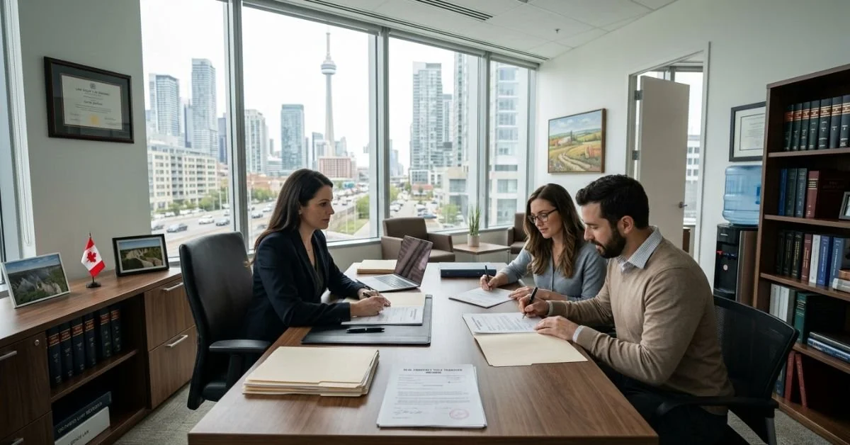 Lawyer reviewing property documents with clients in an Ontario office