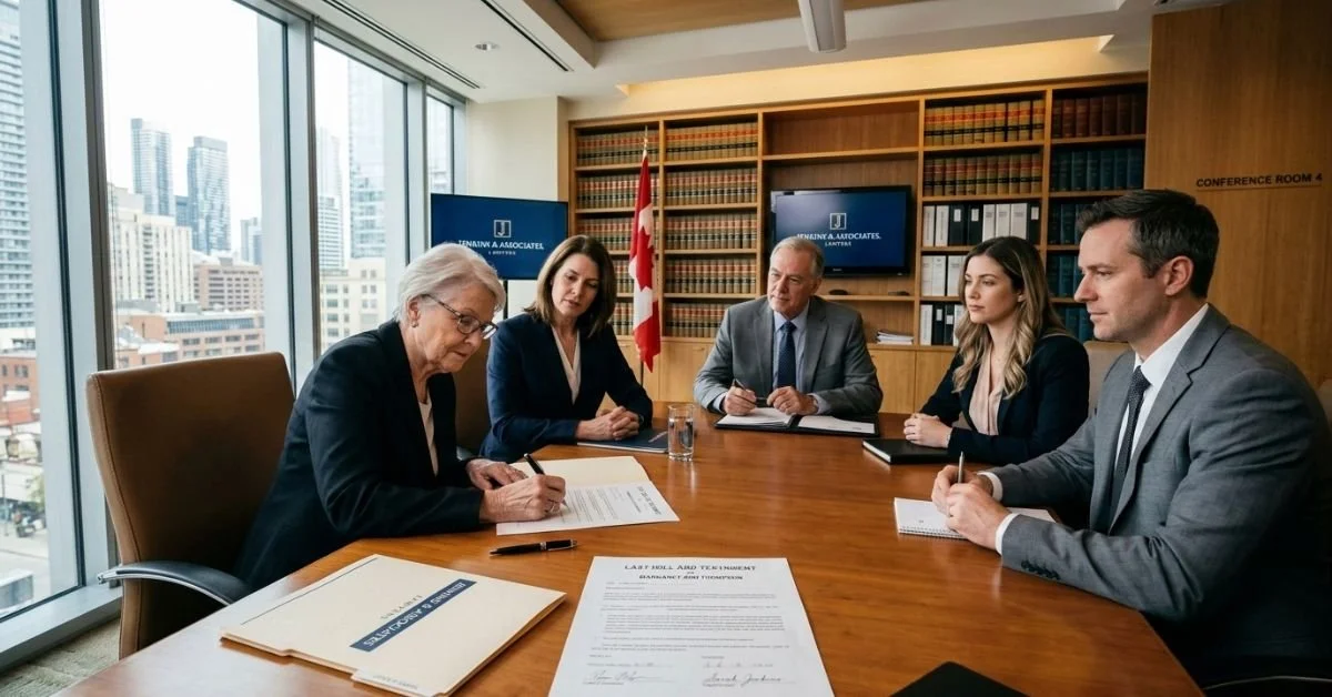 Client signing a will with lawyer and witnesses in a Canadian law office.