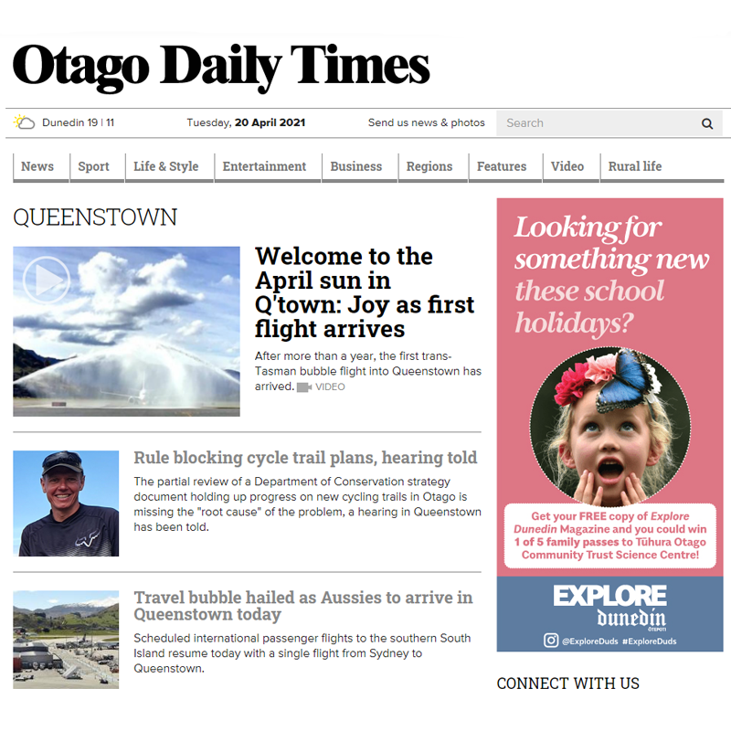 ODT.co.nz advertising for the School Holiday Competition
