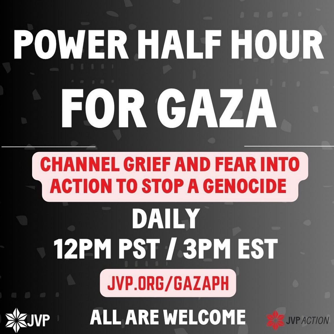 Jewish Voices For Peace @jewishvoiceforpeace host a power half hour every week day. 

&bull; Updates on what&rsquo;s happening

&bull; Small action steps we can take that day

&bull; Community holding, grief tending, justice celebrating

jvp.org/gaza