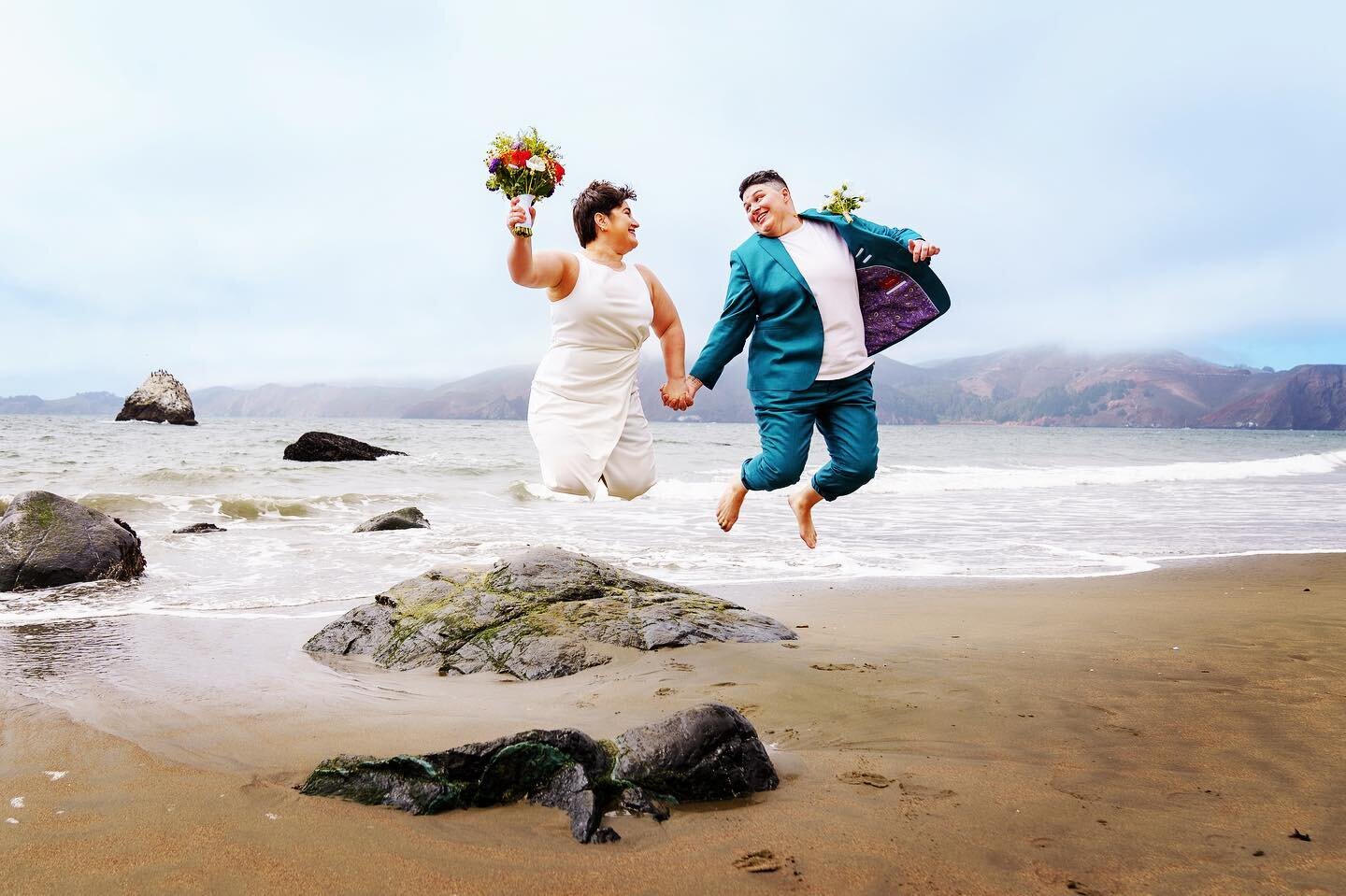 Love makes you FLY! Or, at least  levitate a little 💗

This gorgeous beach wedding was down a half mile path at Fort Marshall Beach. There&rsquo;s a lot of pros to this beach if you&rsquo;re up for a little wedding day stroll!
.
.
.
.
.
#elopementco