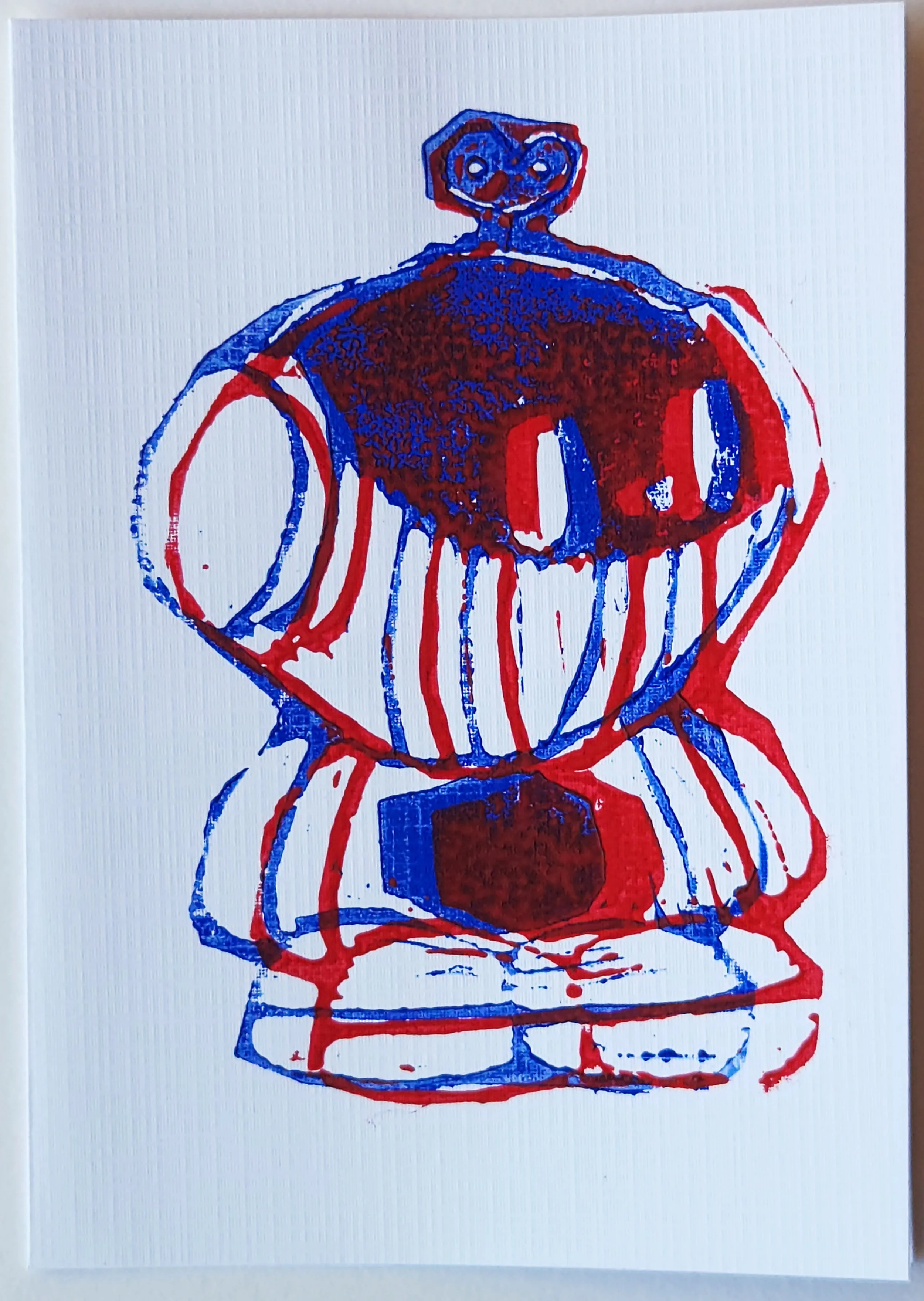 Blue and red robot lino rpint card