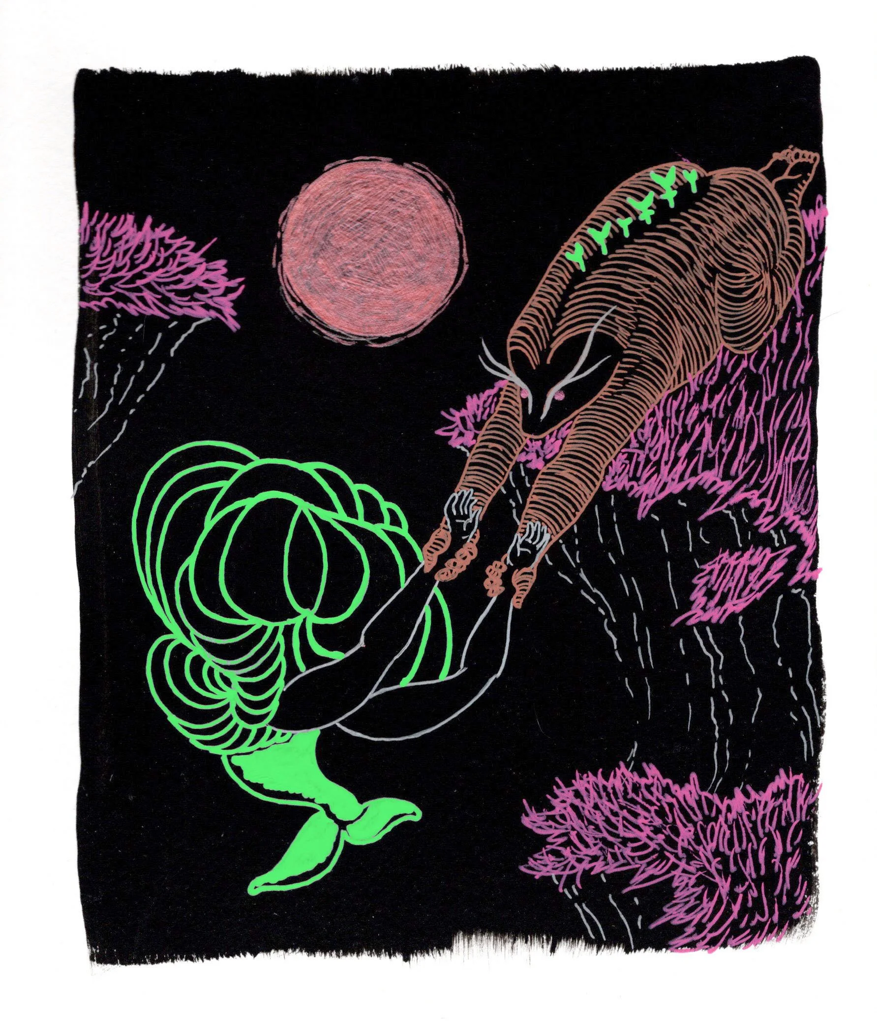 Badger and Dolphin, 2026. gel pen on black gessoed paper. 6 x 7 inches