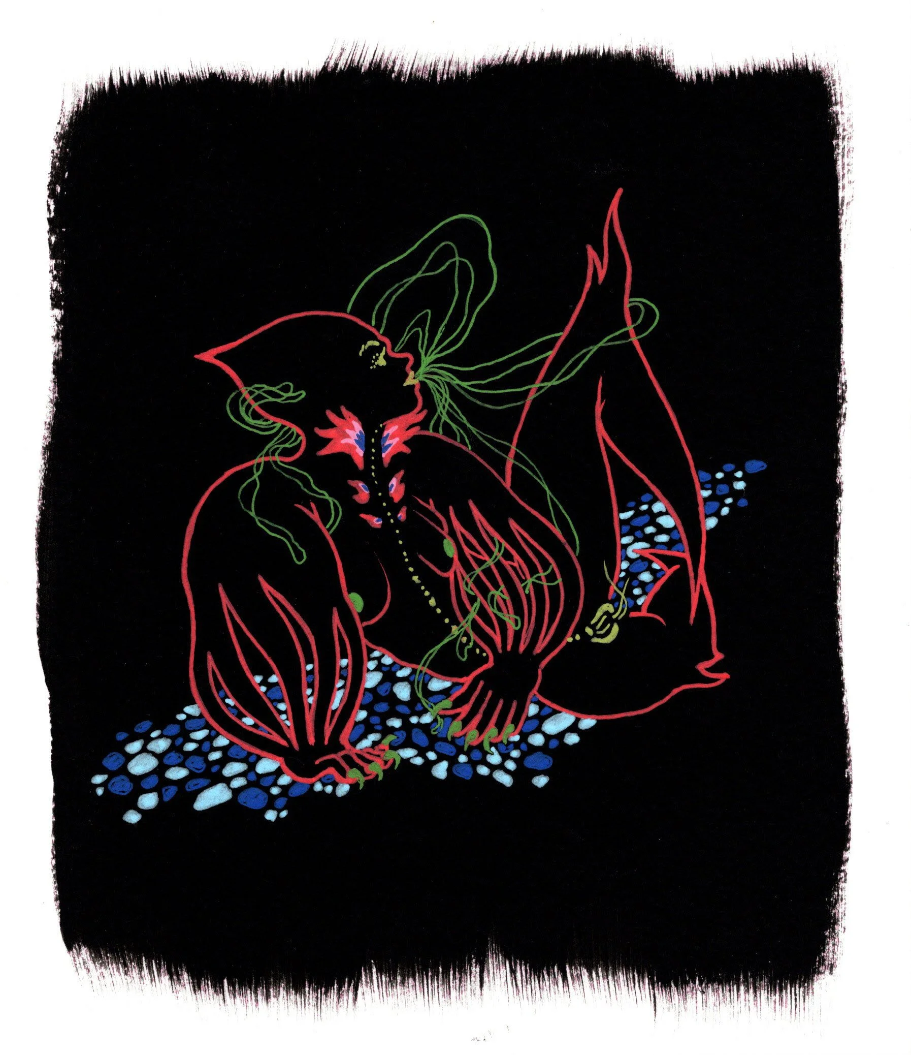 Tender Fire, 2026. gel pen on black gessoed paper. 6 x 7 inches