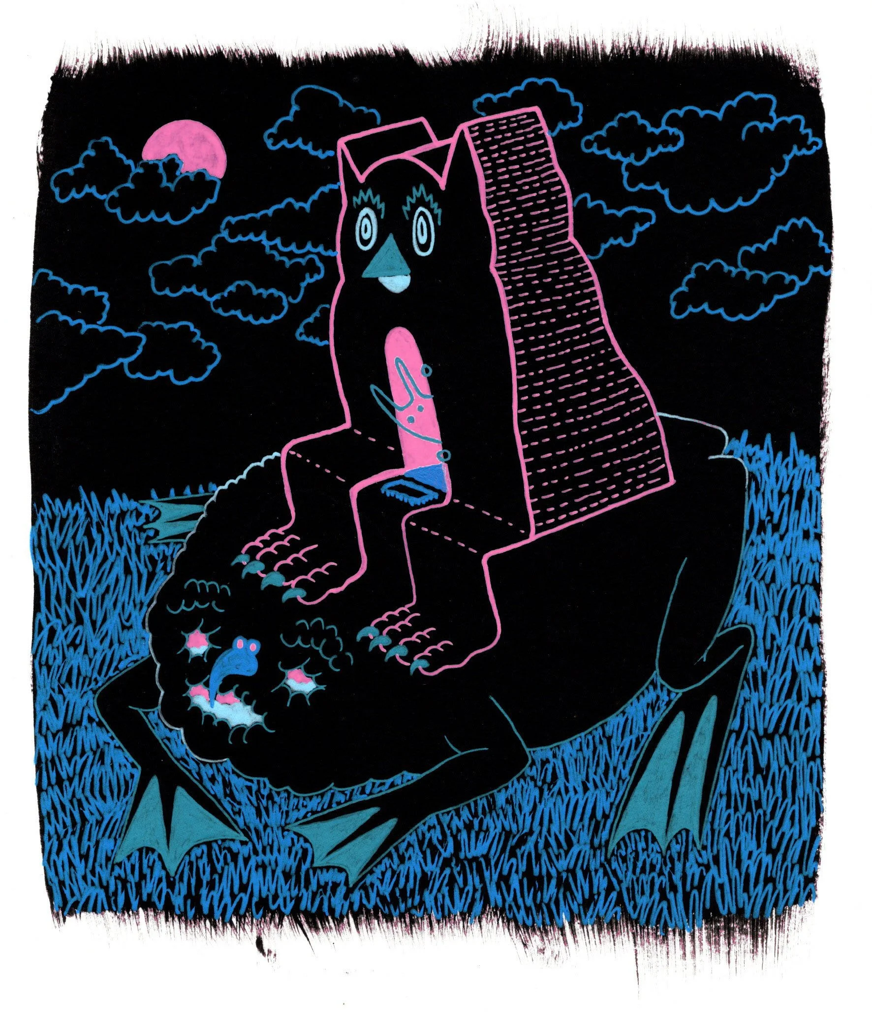 Night Travels, 2026. gel pen on black gessoed paper. 6 x 7 inches