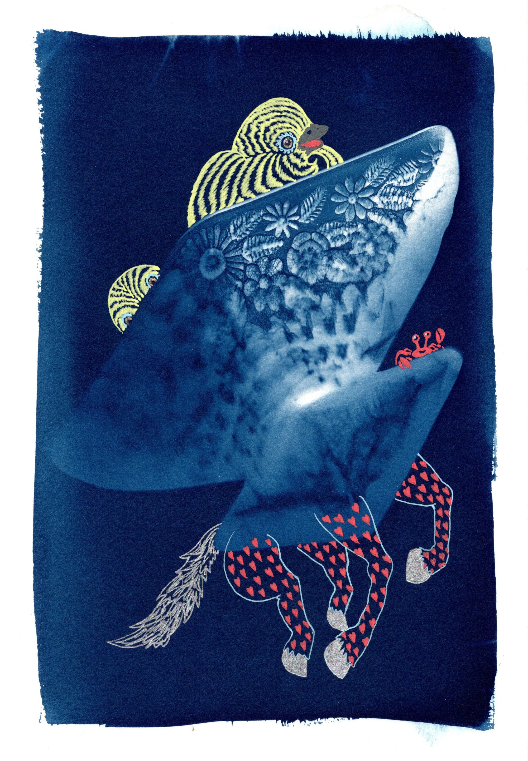 Your Chariot Has Arrived, 2026. gel pen on cyanotype. 7.5 x 10.75 inches
