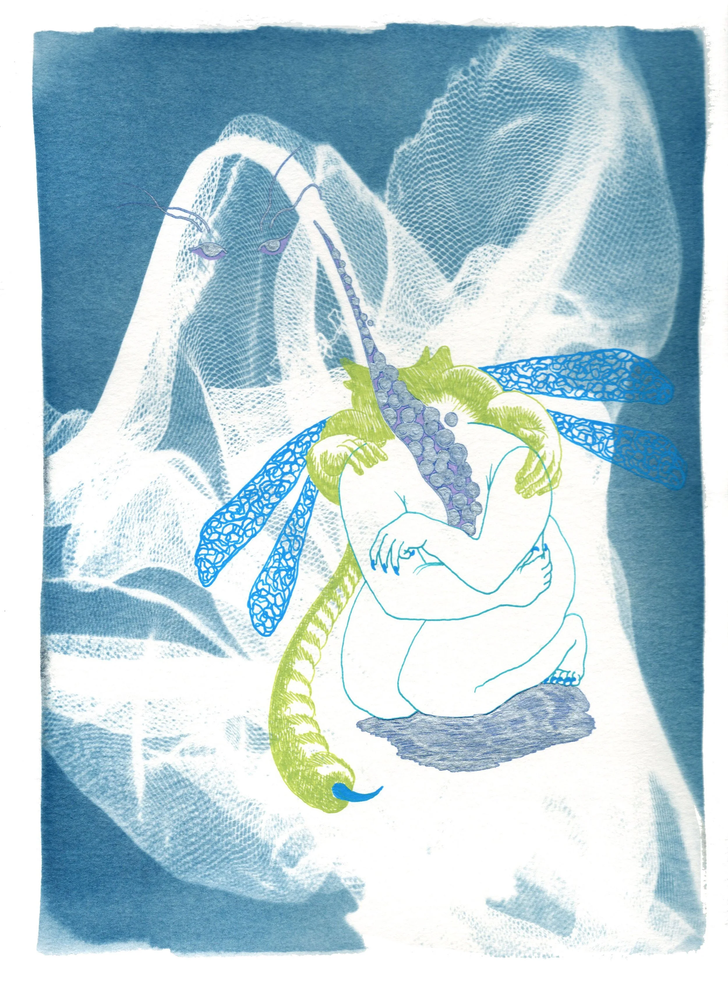 Transformation Pains, 2026. gel pen on cyanotype. 9 x 12 inches