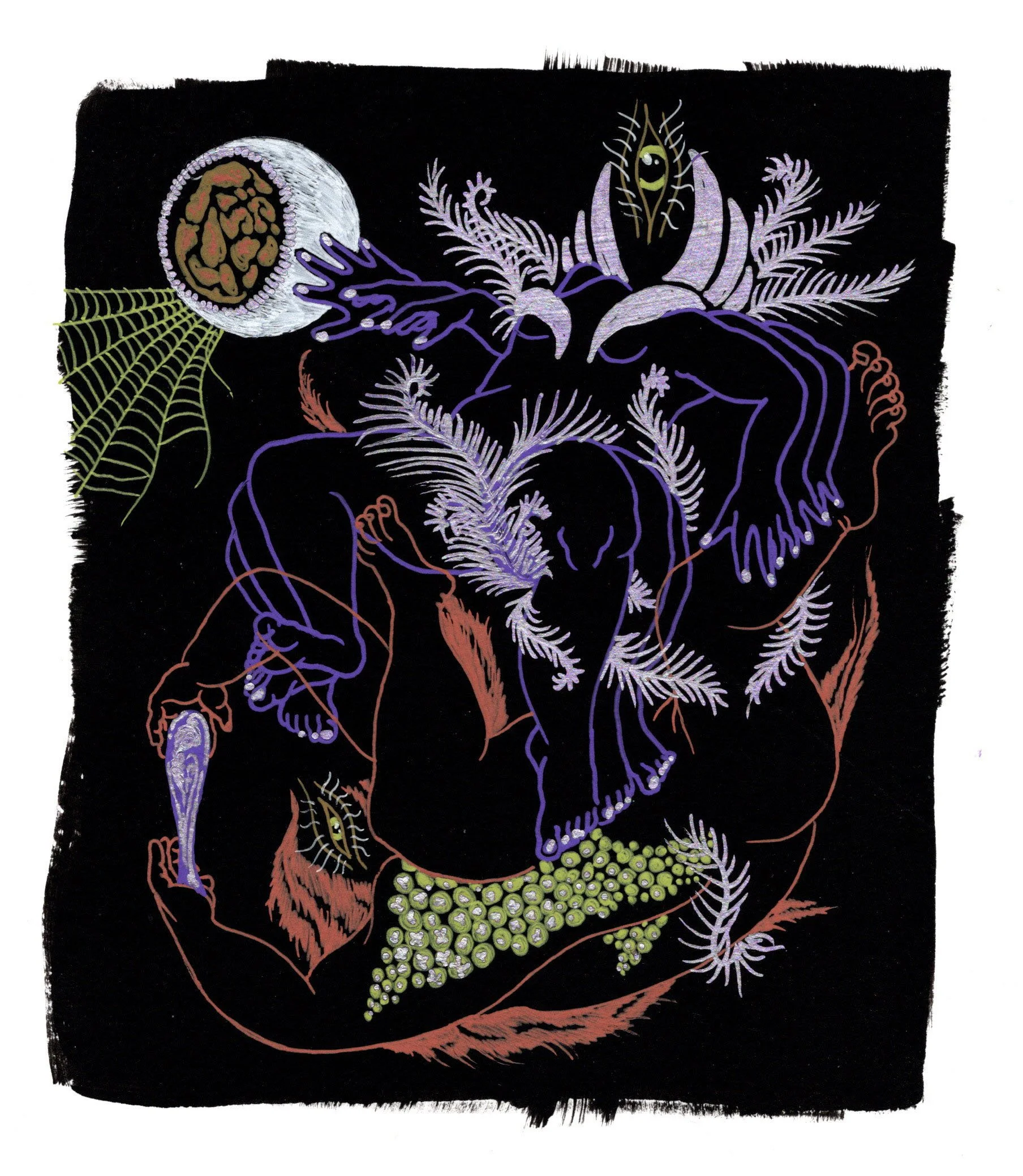 Yarrow Priestess, 2026. gel pen on black gessoed paper. 6 x 7 inches