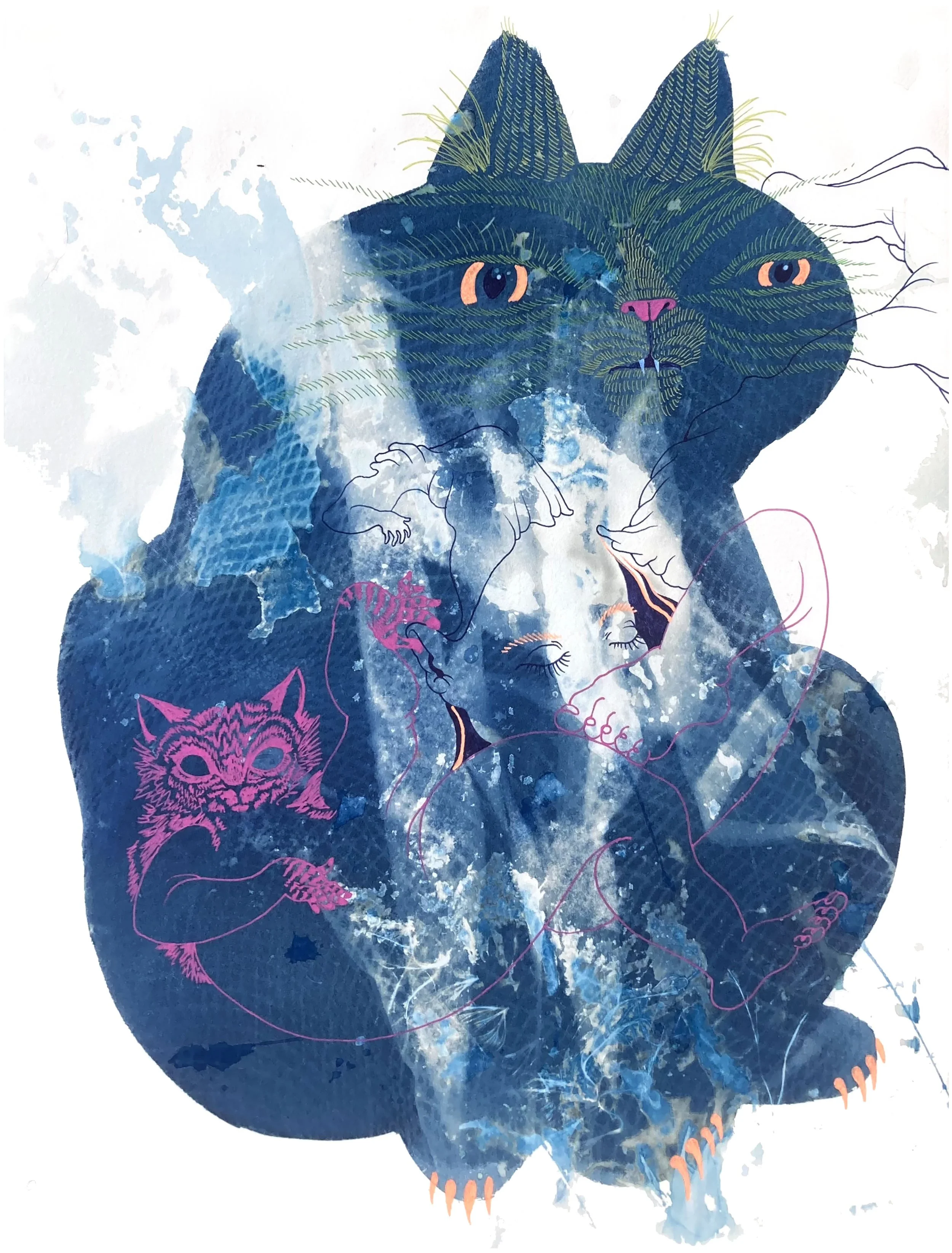 Dreamcats, 2026. gel pen on cyanotype. 12 x 16 inches