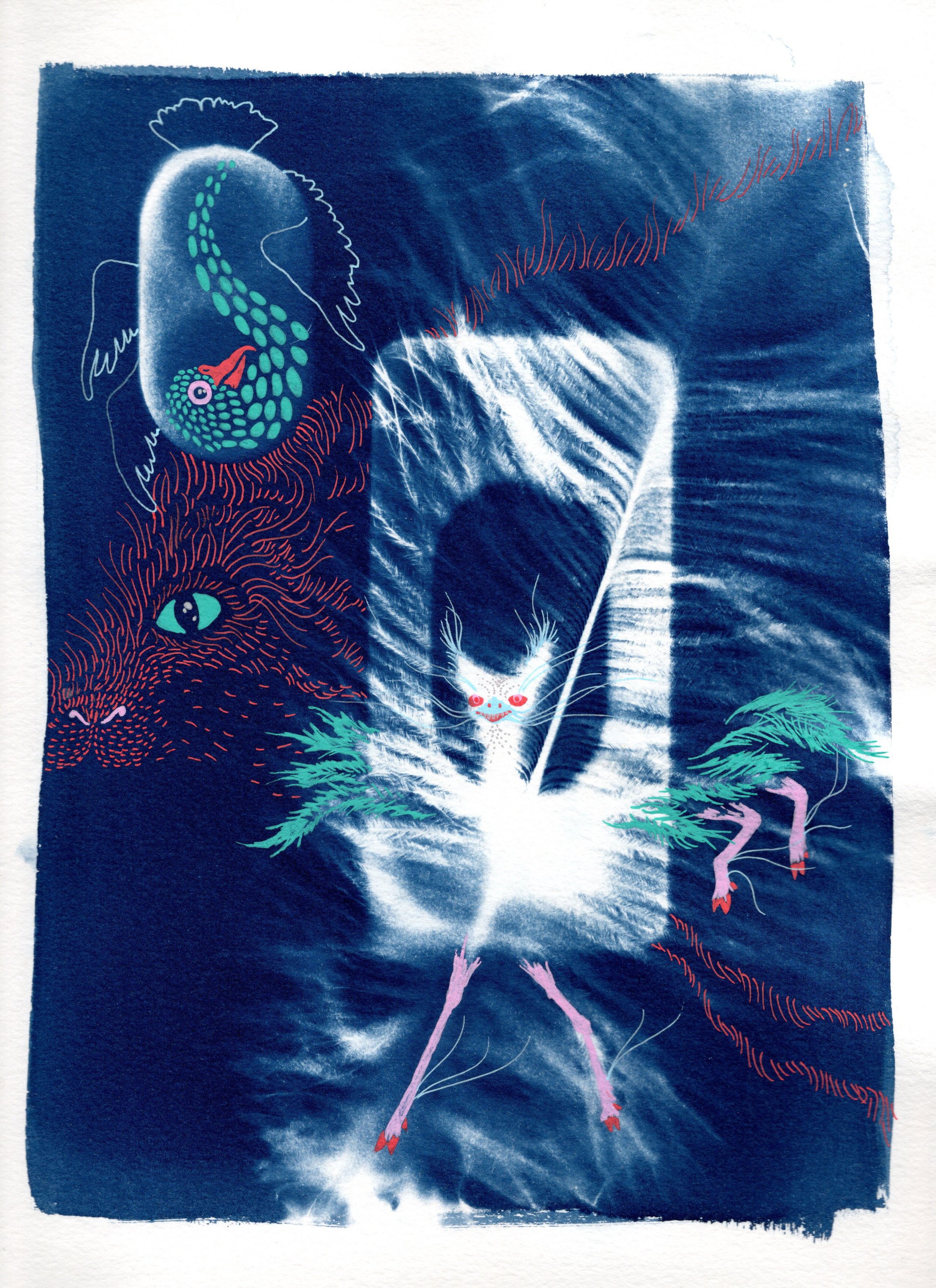 Welcomers, 2026. gel pen on cyanotype. 9 x 12 inches
