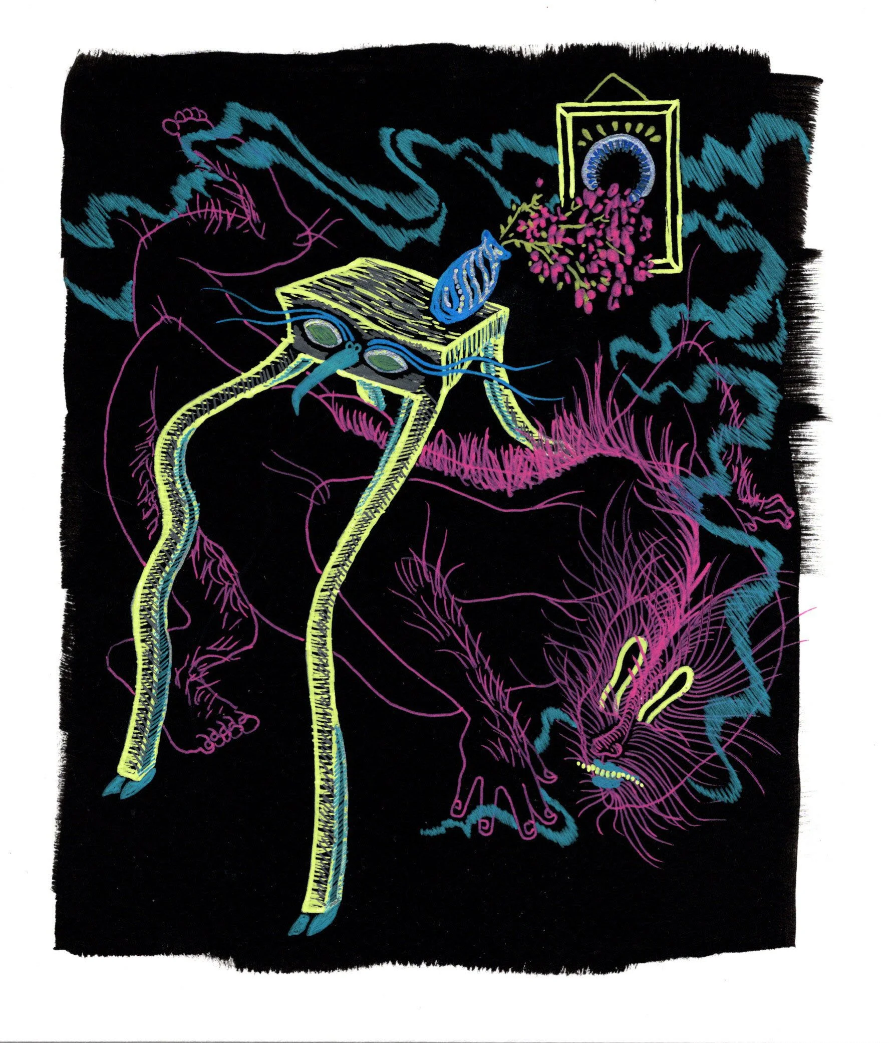 Seven of Wands, 2026. gel pen on black gessoed paper. 6 x 7 inches