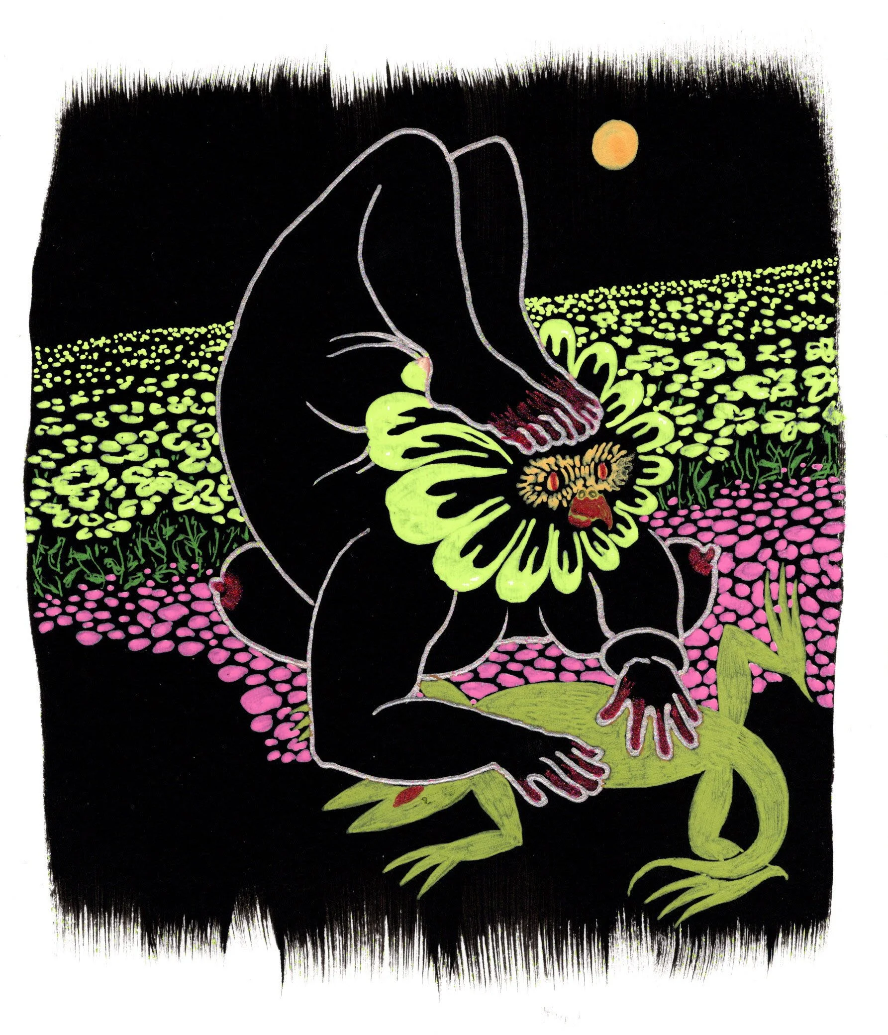 Lizard in the Flowerfield, 2026. gel pen on black gessoed paper. 6 x 7 inches