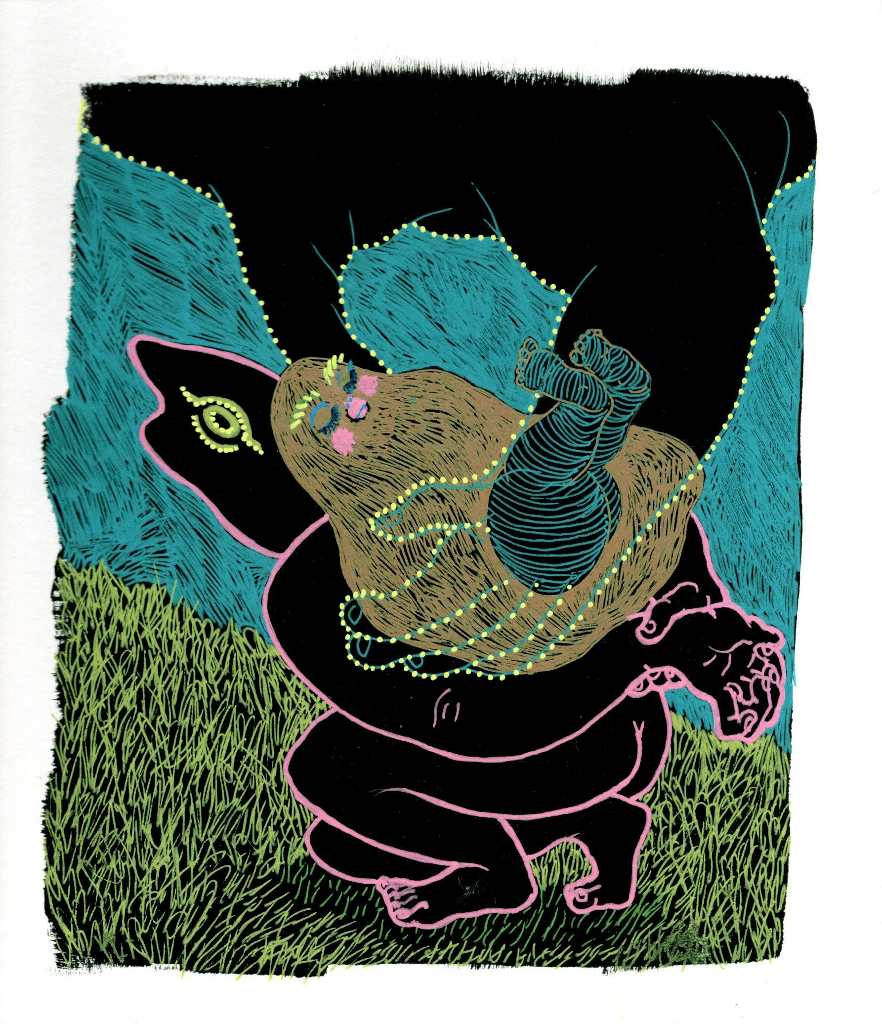 Hold The Baby, 2026. gel pen on black gessoed paper. 6 x 7 inches