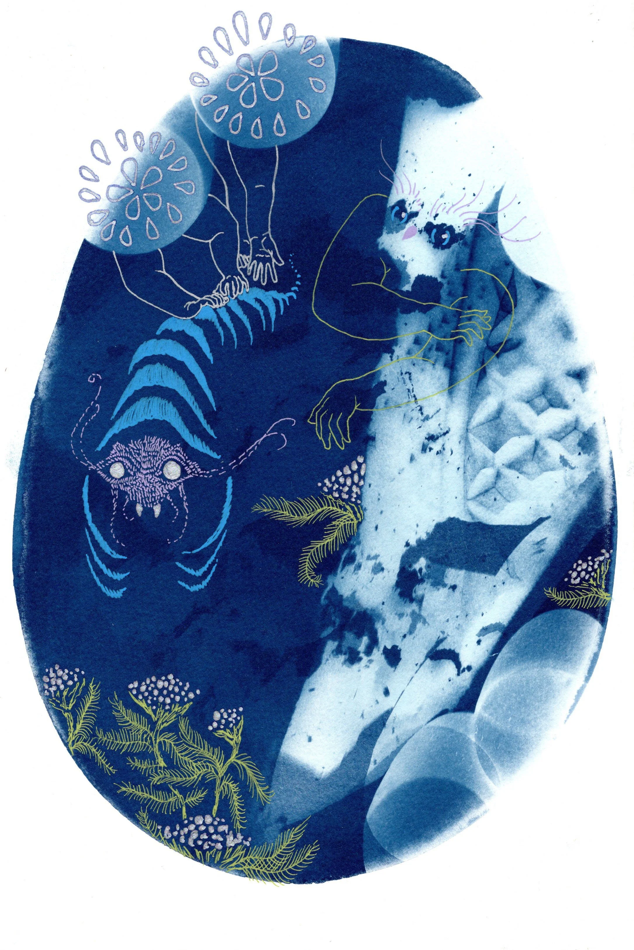 Yarrow Advice, 2026. gel pen on cyanotype. 7.25 x 11 inches