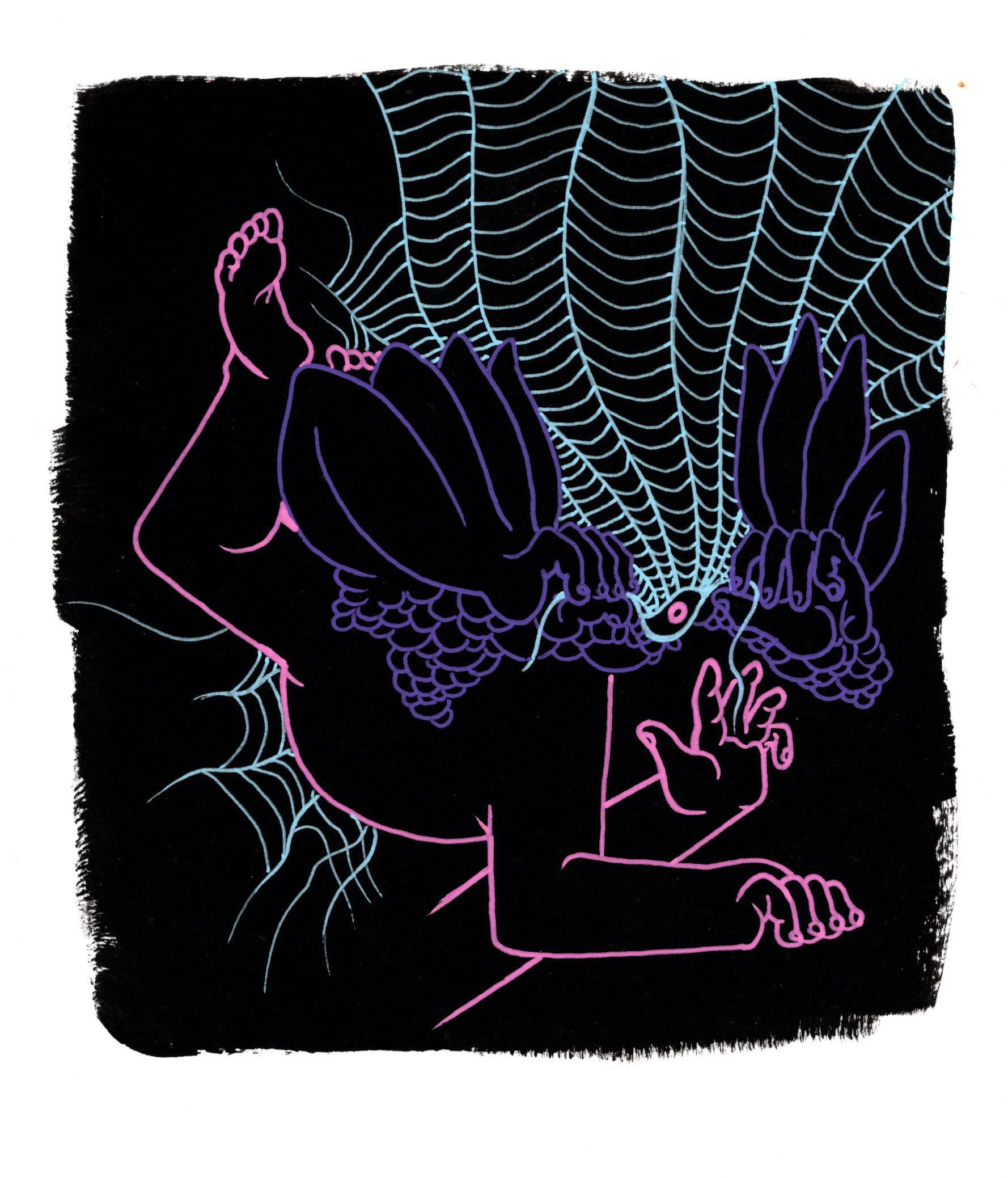 Spider Friend, 2026. gel pen on black gessoed paper. 6 x 7 inches