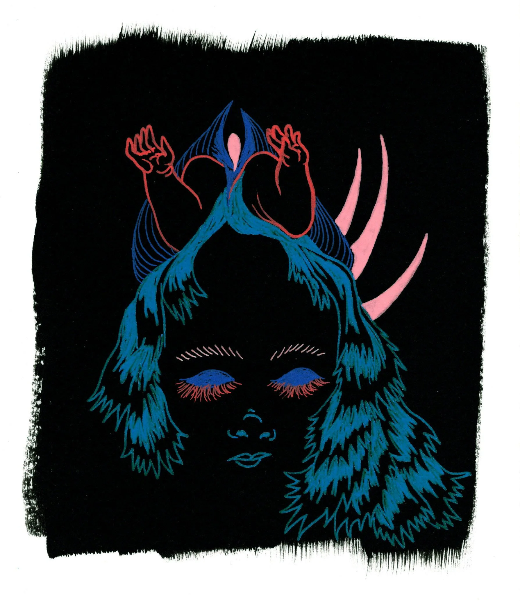 While You Were Dreaming, 2026. gel pen on black gessoed paper. 6 x 7 inches