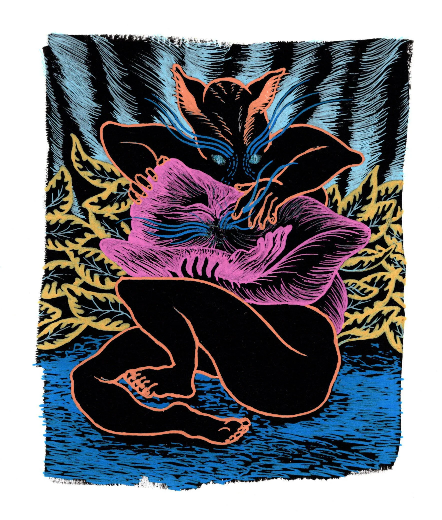 Can't Defeat the Change Inside, 2026. gel pen on black gessoed paper. 6 x 7 inches
