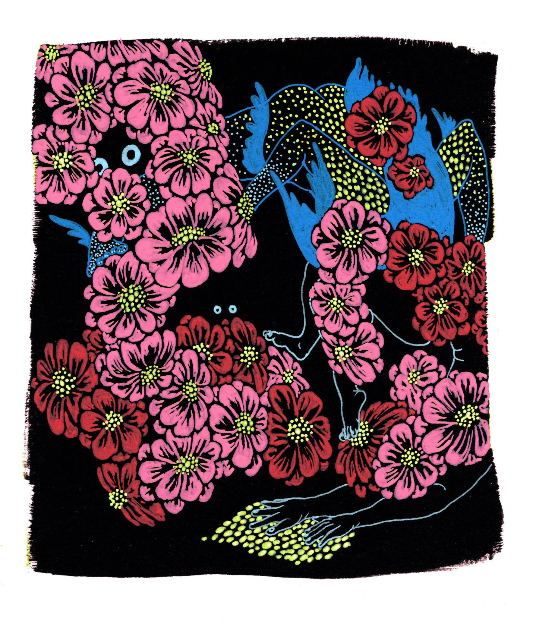 Give Me Floral, 2026. gel pen on black gessoed paper. 6 x 7 inches