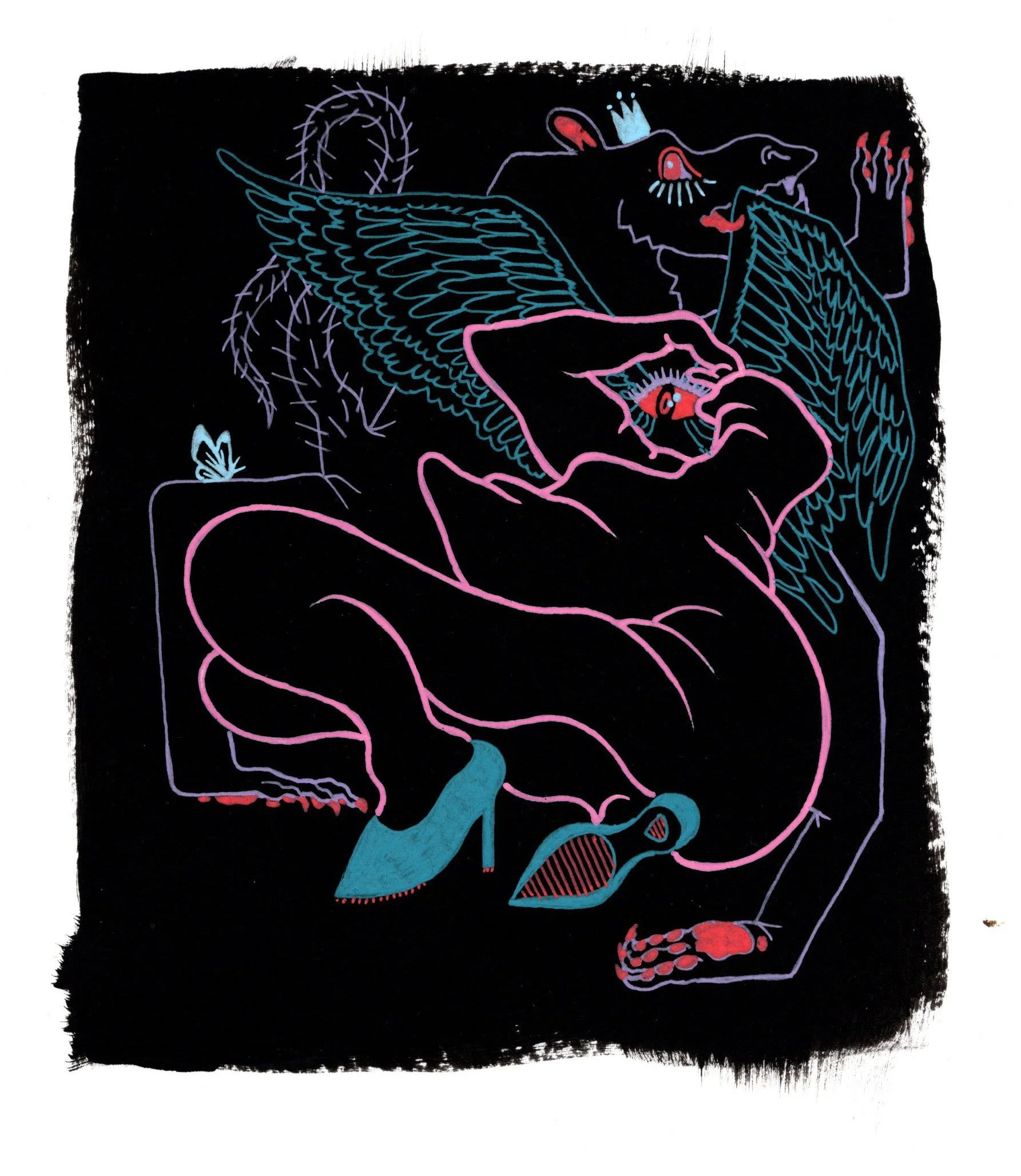 Rat Queen, 2026. gel pen on black gessoed paper. 6 x 7 inches