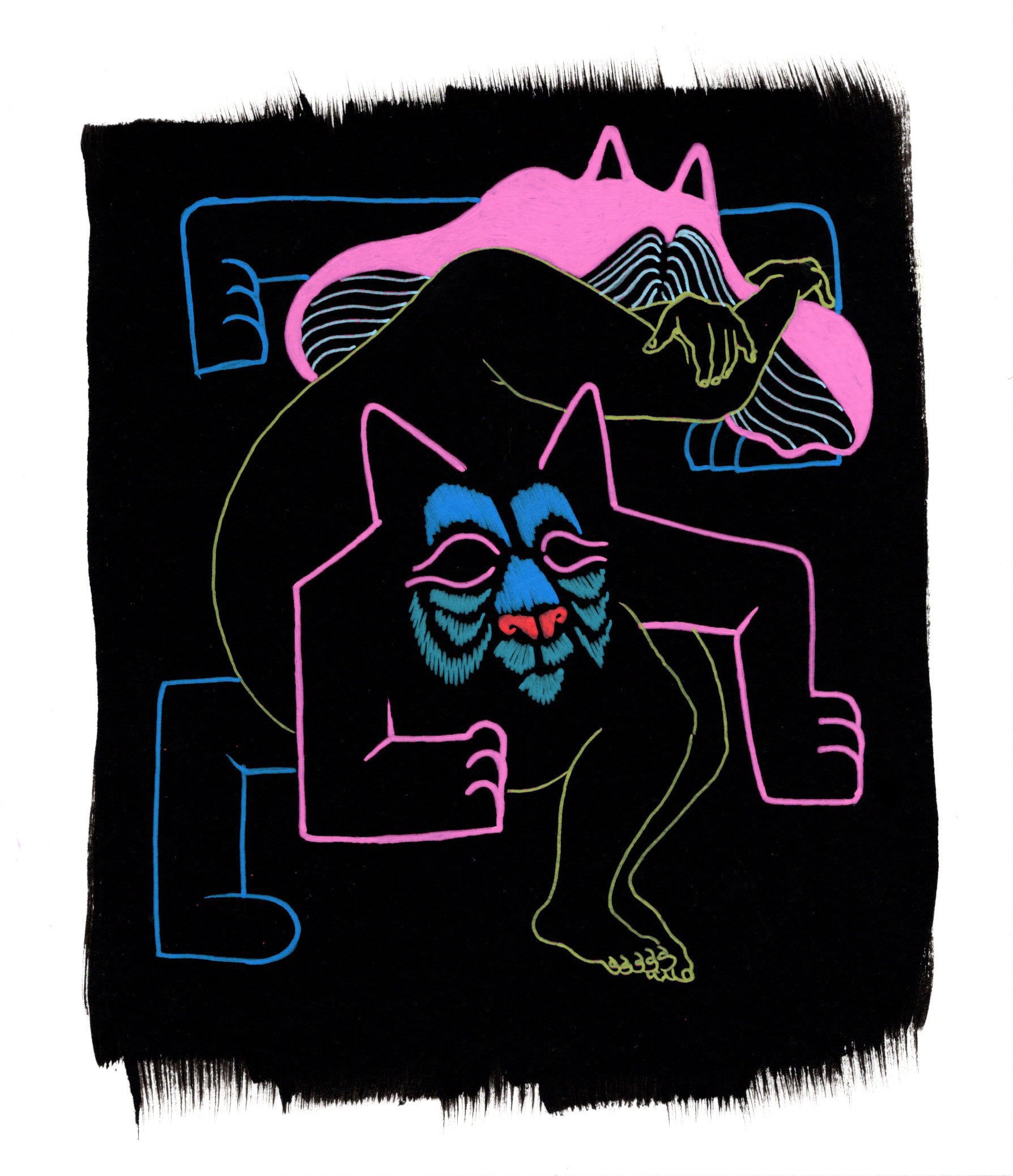 Cat Nap, 2026. gel pen on black gessoed paper. 6 x 7 inches