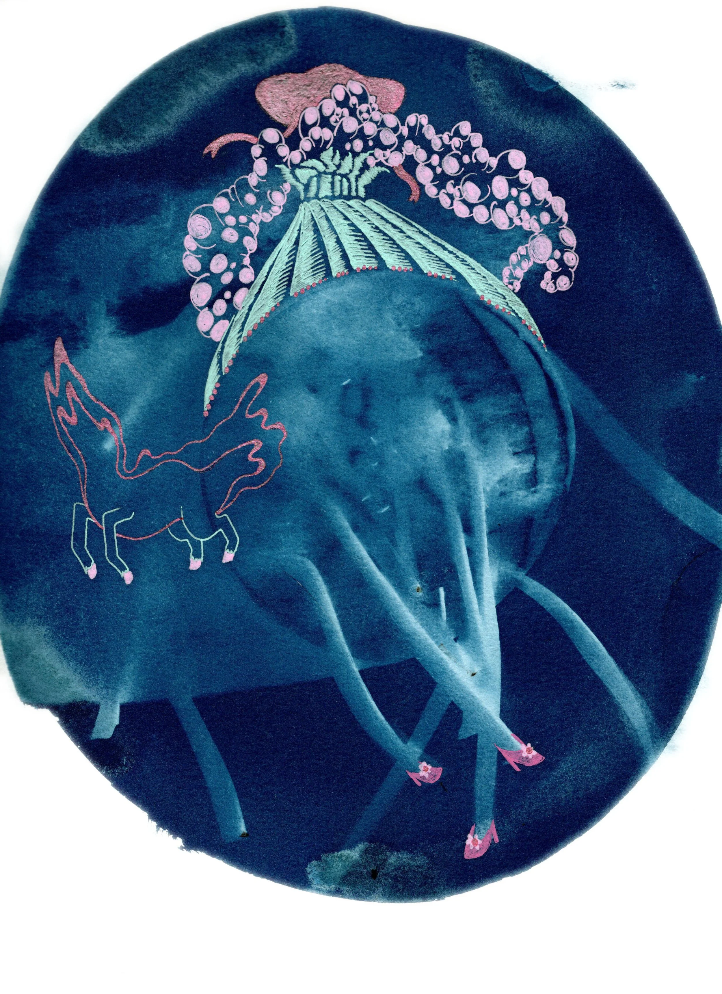 A Girl and Their Dog, 2026. gel pen on cyanotype. 9 x 12 inches