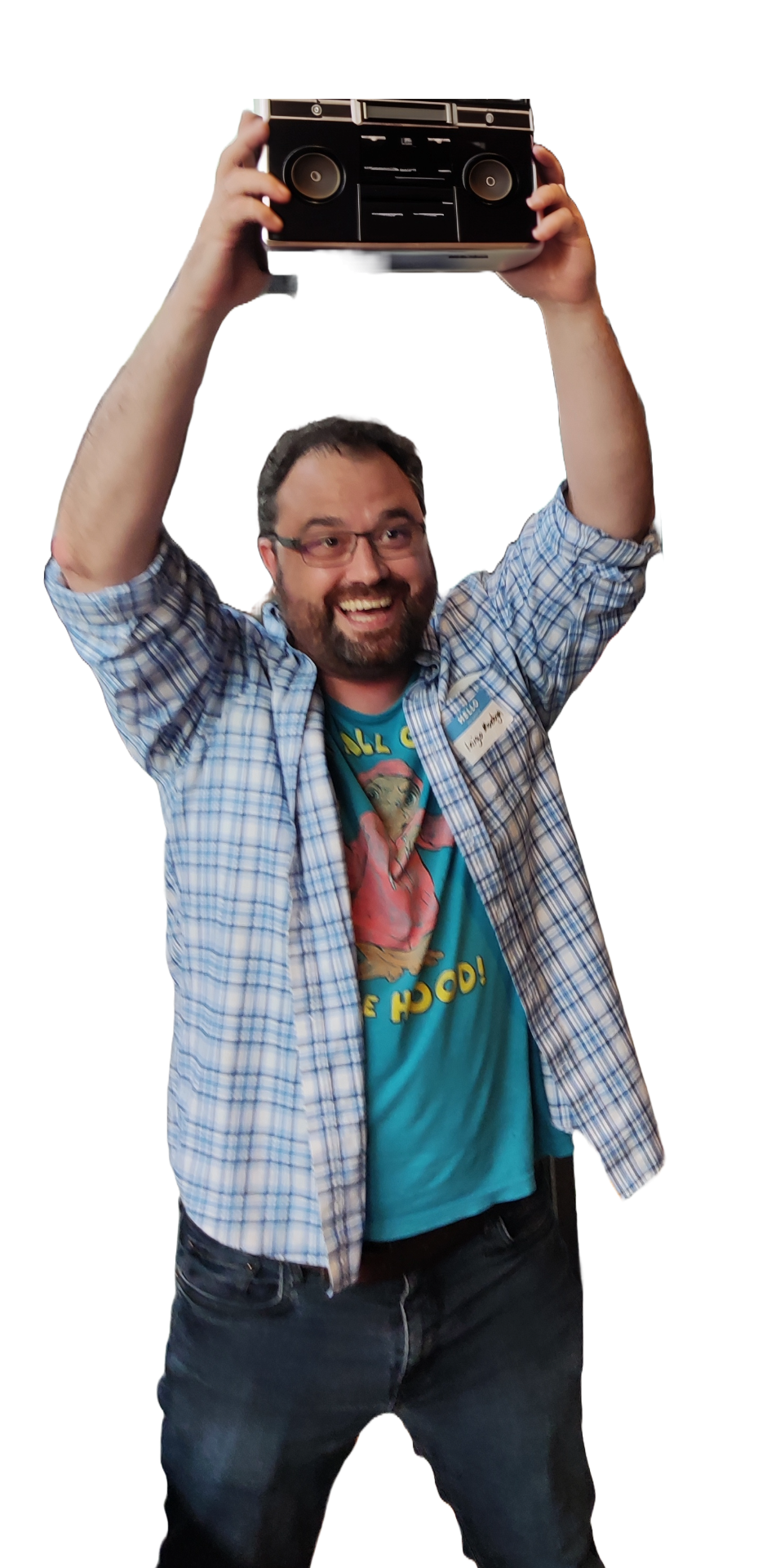Jamie Fenderson holding little boom box with ET t-shirt.