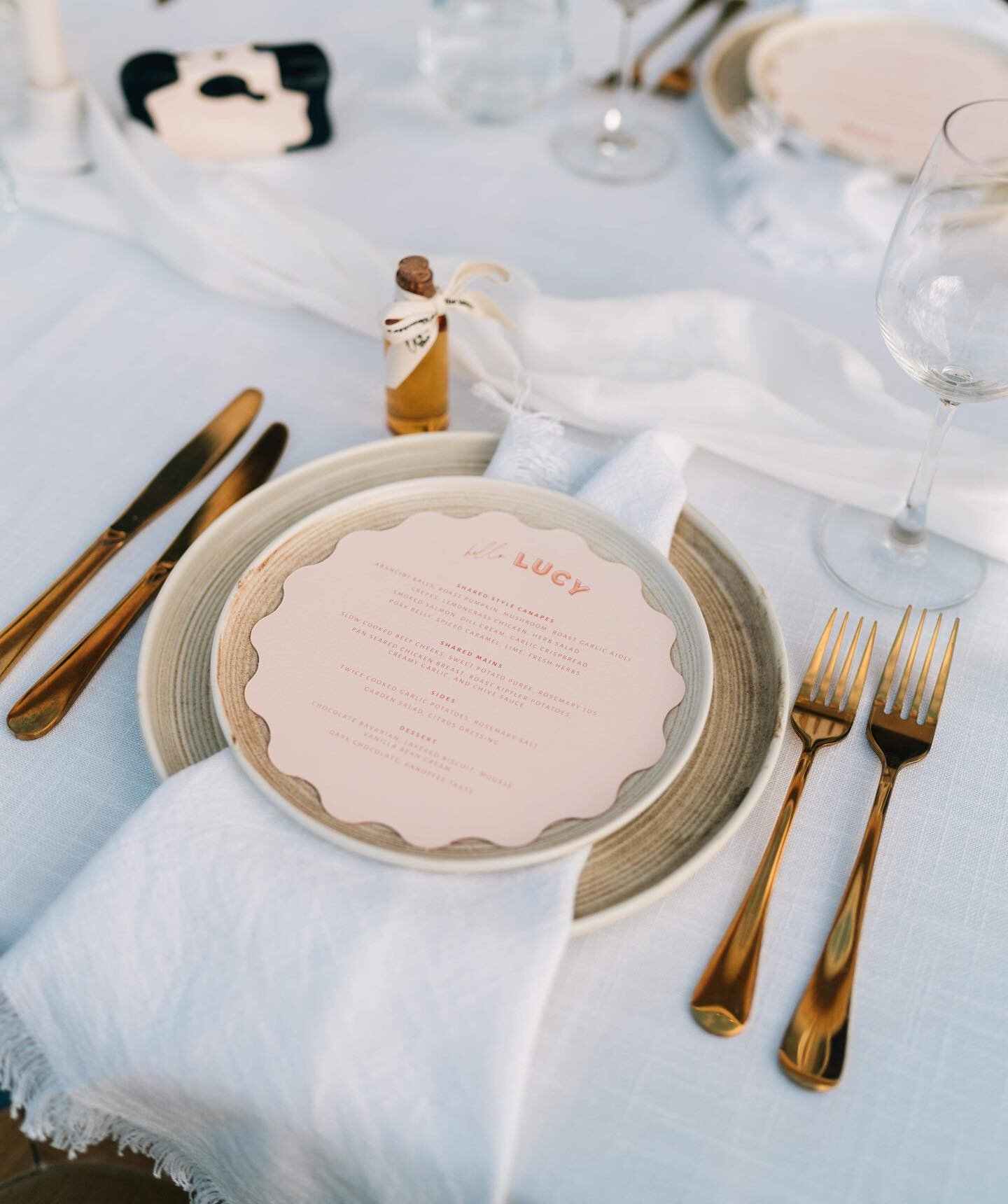 wave menus on soft peach with matching camera covers hiding in the background ~ styled to perfection 💫 for Lucy + Sam 🌸