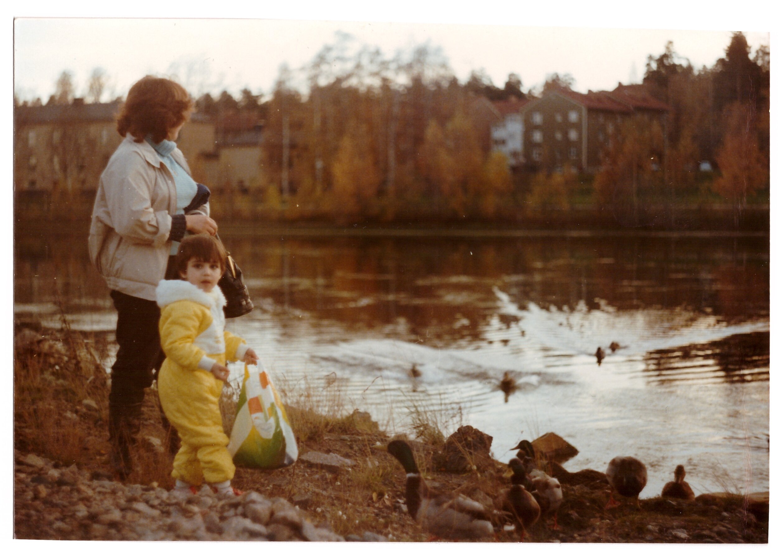 A child in a yellow snowsuit and an adult beside a lake, with ducks nearby. The scene is set in an autumn environment with trees and buildings in the background.